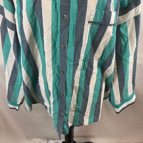 By Anthropologie Oversized Top L Dark Mint Blue White Stripe Button Front Pocket - Picture 4 of 11